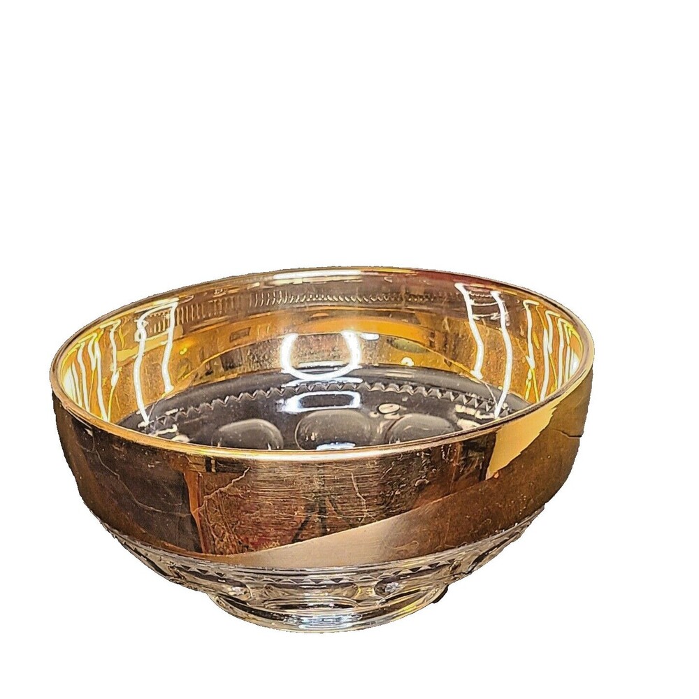 Kings Crown Large Bowl w\ Gold Rim 9 in. Thumbprint Indiana Glass MCM Vintage